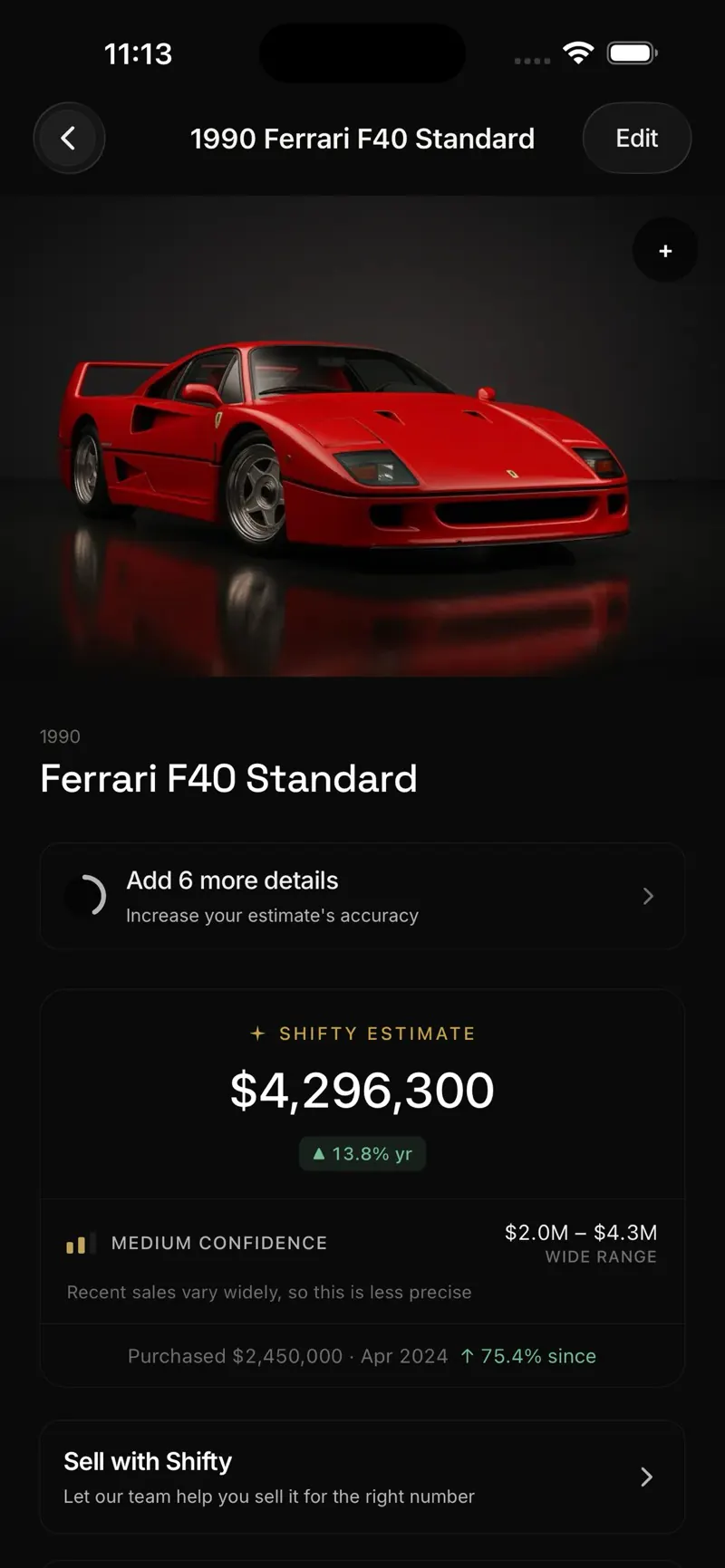 A 1990 Ferrari F40 with a live Shifty Estimate of $4,296,300