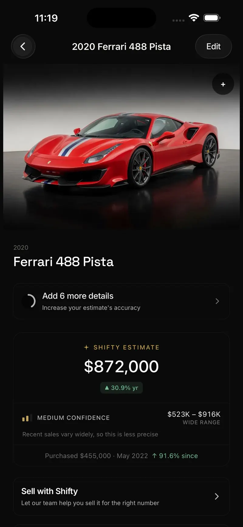 A 2020 Ferrari 488 Pista valued at $872,000, up 91.6% since purchase